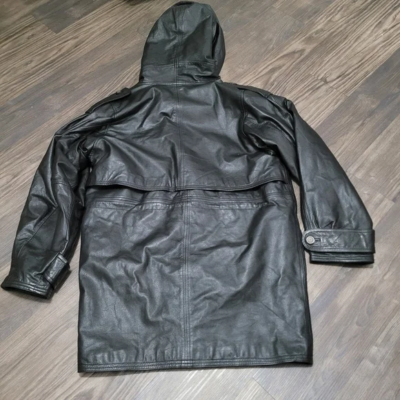 Vintage 90’s Pelle Club Hooded Black Genuine Leather Jacket M Mobwife Heavy - Picture 2 of 11